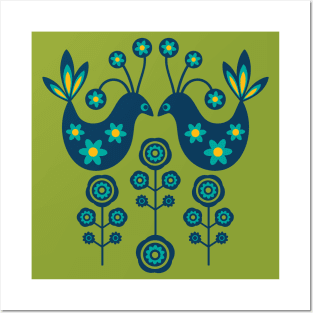 LOVE BIRDS Folk Art Mid-Century Modern Scandi Floral With Birds Flowers Feathers in Dark Blue Turquoise Yellow Green - UnBlink Studio by Jackie Tahara Posters and Art